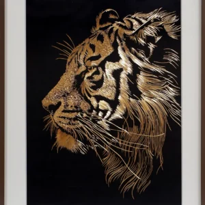 Handcrafted Tiger Copper Art featuring a majestic tiger profile with intricate copper engraving on a black background