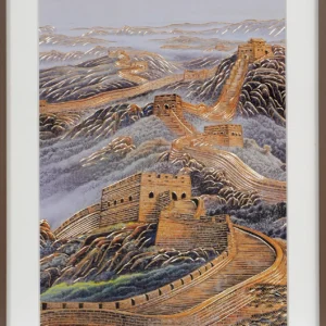 Handcrafted Great Wall of China Copper Art featuring intricate copper engravings across misty mountain landscapes