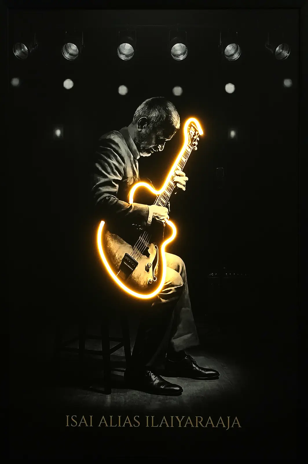 Isai Alias Ilaiyaraaja LED Wall Decor | Premium Guitar Tribute Wall Art — Night
