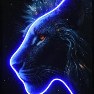 Lion LED wall decor featuring a galaxy-toned lion profile portrait with glowing neon-blue outline and amber eye