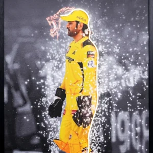 MS Dhoni Lion Hunts LED wall decor featuring a cricket captain in yellow kit with glowing LED outline, roaring lion design, and jungle rule motivational quote, framed wall decor