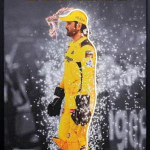 MS Dhoni THALA LED wall decor featuring a cricket captain in yellow team kit with glowing LED outline and roaring lion design, framed wall decor.