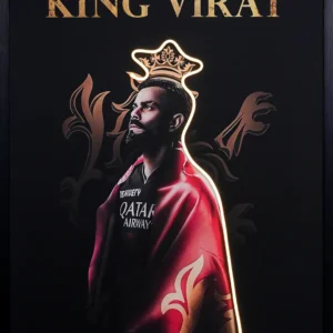 Crowned King Virat LED wall art featuring a cricketer in a red royal cape with glowing gold LED crown outline and ornate flame crest design, framed wall decor