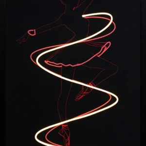 Ballerina Spiral LED wall decor featuring a ballet dancer silhouette en pointe wrapped in a sweeping double spiral of warm orange amber LED light on pure black background, framed dance wall decor