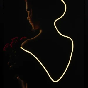 Rose Woman LED wall decor night mode featuring a feminine silhouette in profile with a single warm amber LED curve tracing the shoulder and back rising in a flowing flourish on pure black background